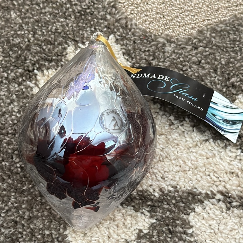 NWT Jumbo Zorza Polish Glass Christmas Ornament 7x5” Flower Indent